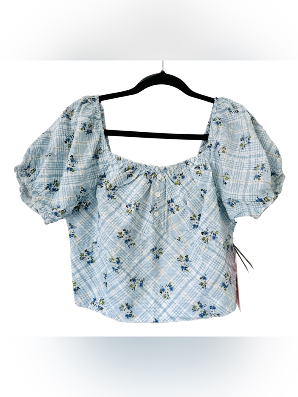 💃 Celebrity Pink Swiss Dot Floral Plaid Puff Sleeve Blouse, Size XL - NWT